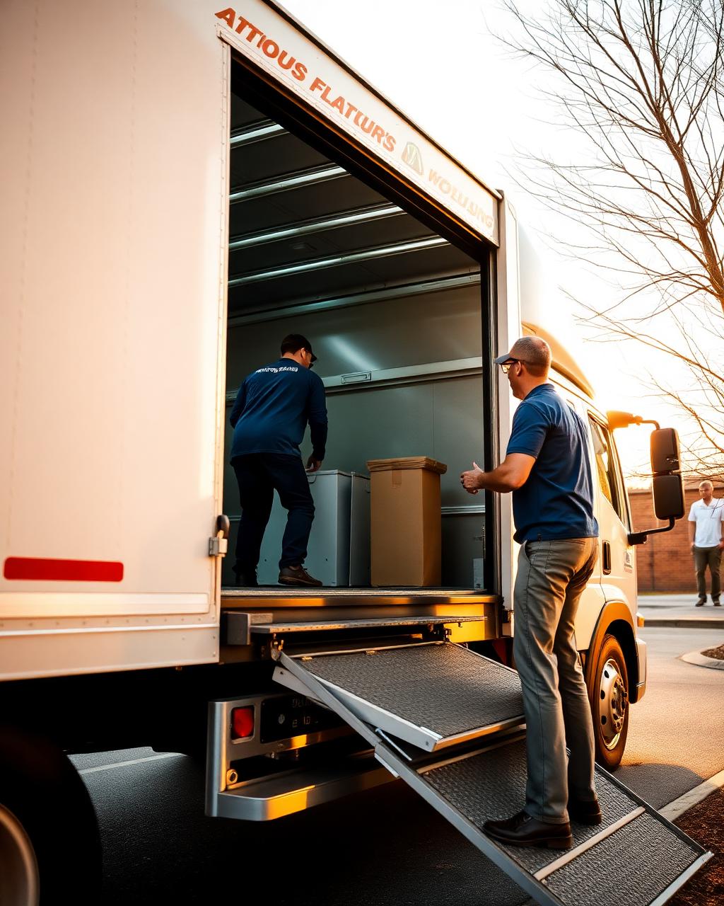 Professional moving crew carefully loading a clean modern truck in warm morning light